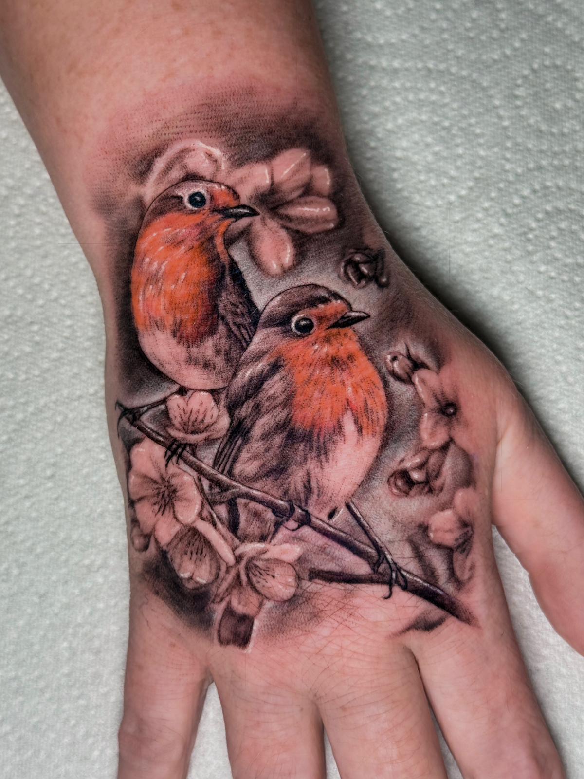 Two Robins on Blossom Branch Tattoo