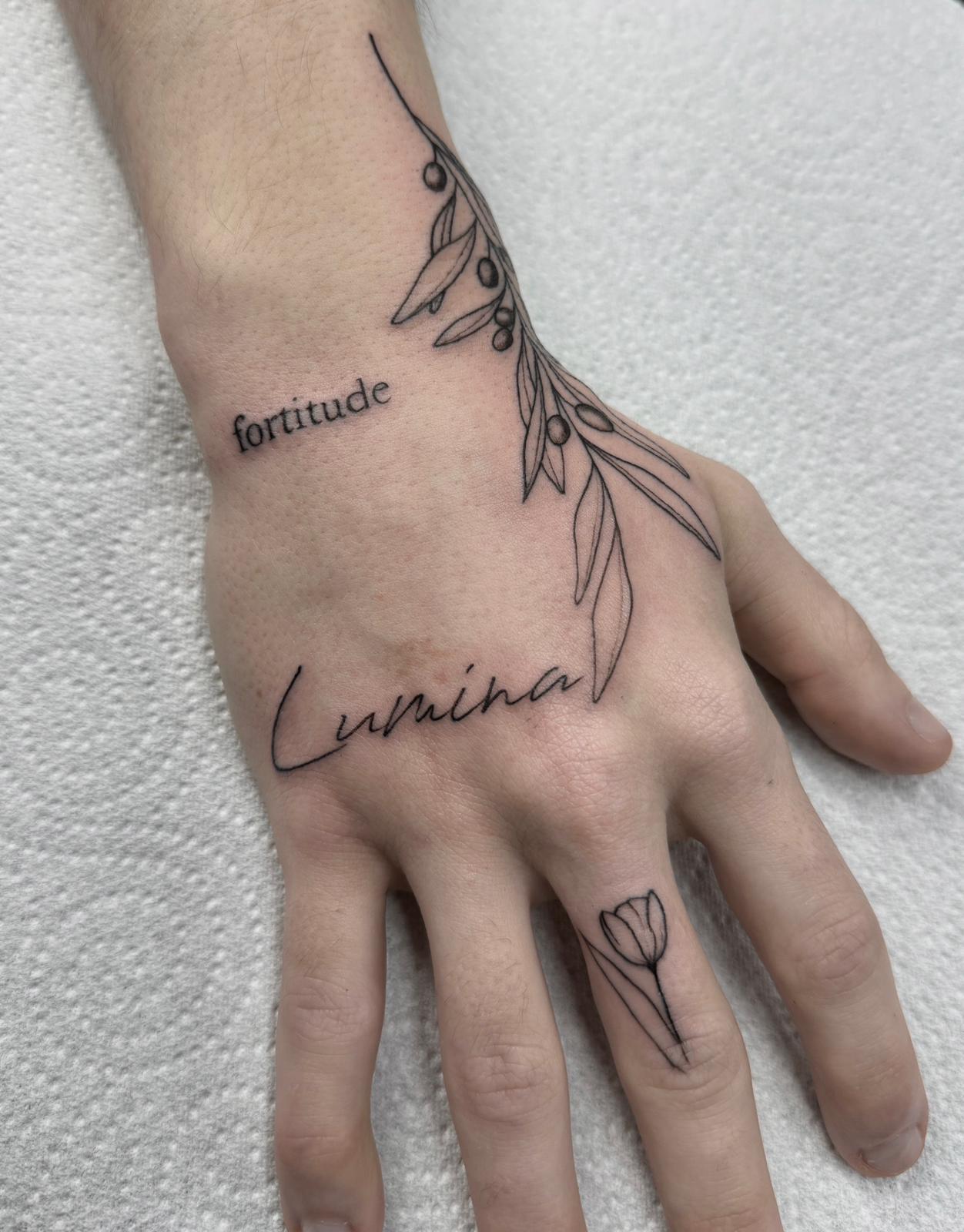 Fine Line Hand Tattoo with Script and Botanicals